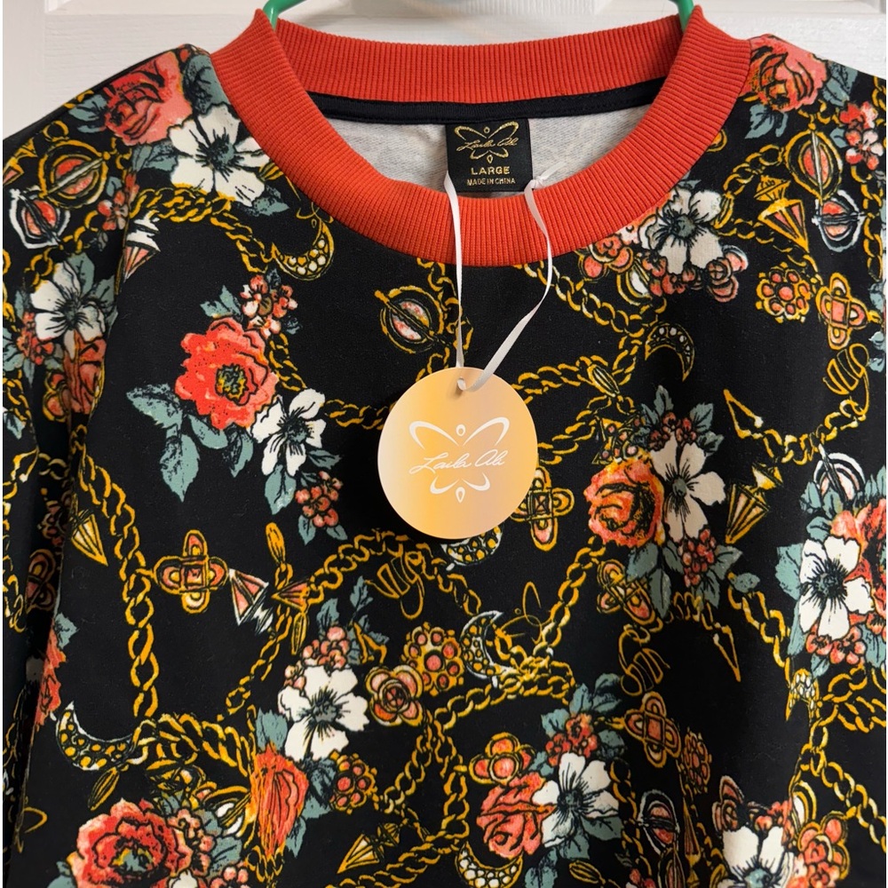 NEW! Laila Ali Women’s Floral Long Sleeve Floral Sweatshirt Pullover Black/Coral - Picture 6 of 13